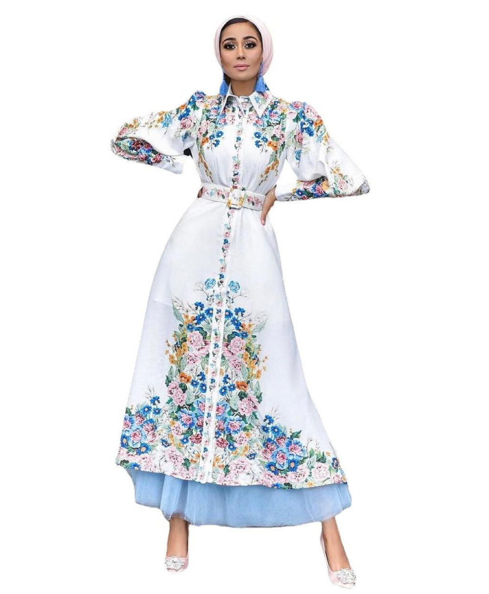 Fashion Puff Sleeves Lapel Robe Arabic Women's Digital Printed Mid Waist Long Dress - EX-STOCK Canada