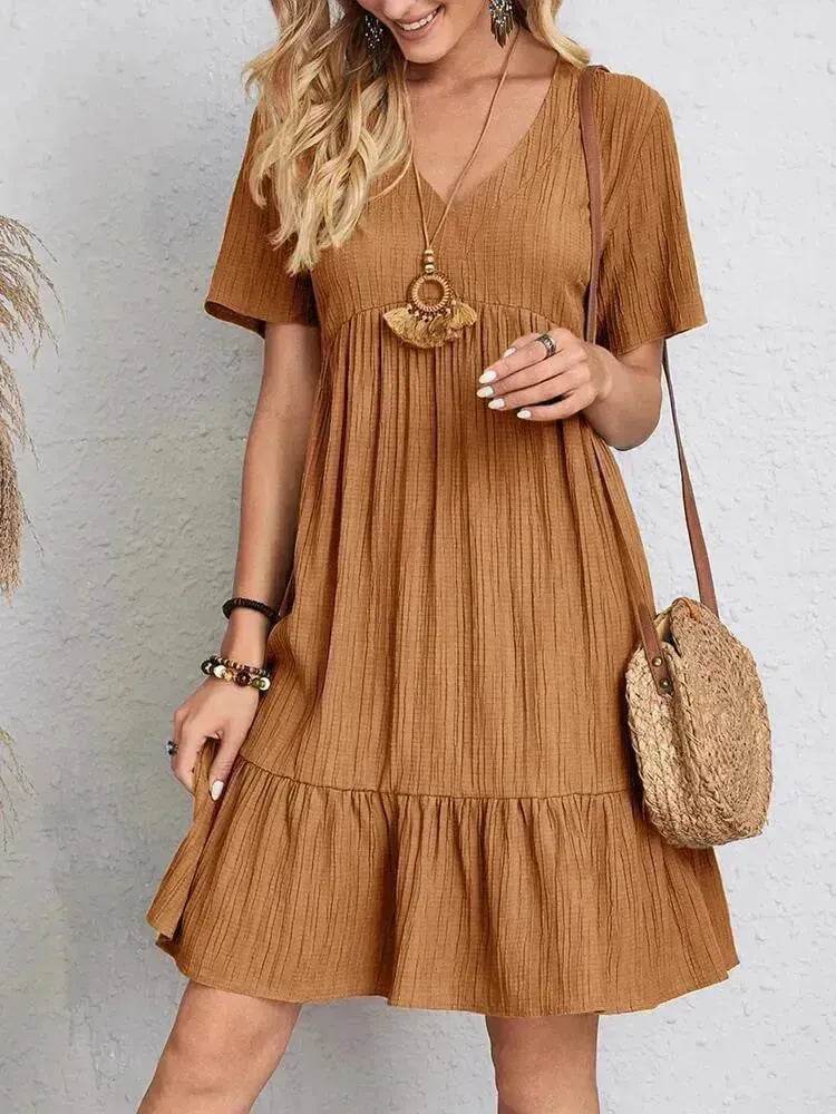 Summer Beach V-neck Dresses Women's Loose Casual Short-sleeved Loose Skater Dress for Chic Ladies - EX-STOCK Canada