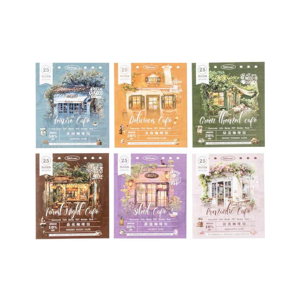 Set of six scenic cafe-themed notebooks with different cover designs on a white background.