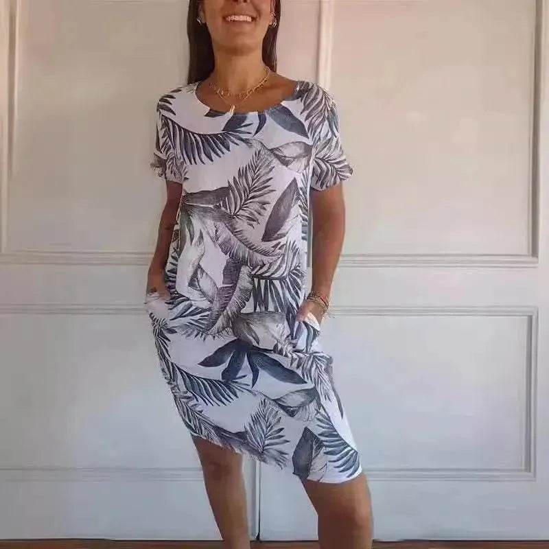 Casual Floral Printed Straight Dress Summer Loose Round Neck Short Sleeve Midi Dresses Womens Clothing - EX-STOCK Canada
