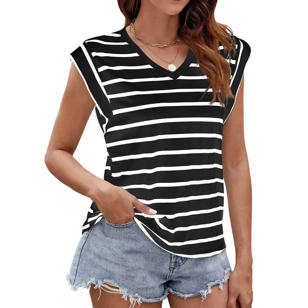 Fashion Stripe Print V-neck Short-sleeved T-Shirt Summer Loose Casual top for Women - EX-STOCK Canada
