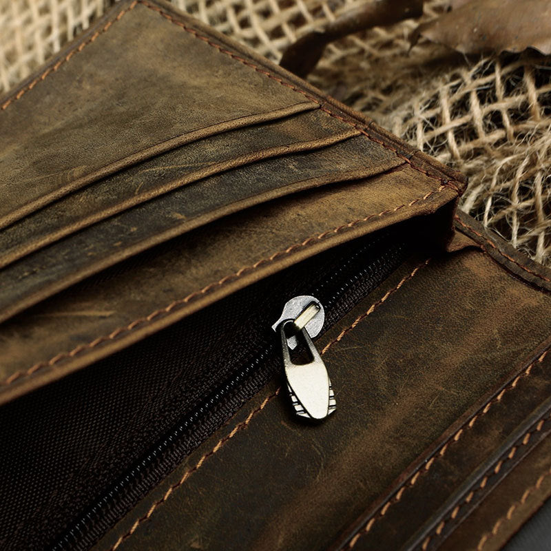 Men's Dark Brown Crazy Horse Leather Long Wallet, 19 × 9 cm