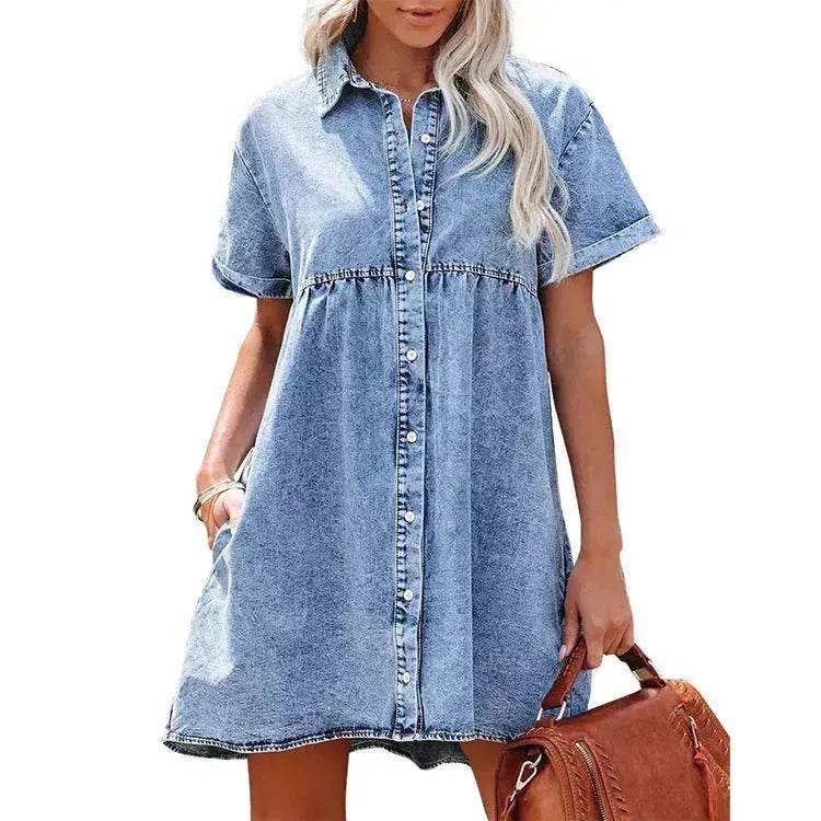 European And American Washed Denim Lapel Ruffled Denim Dress Jeans Flared dress Casual Denim mini dress - EX-STOCK Canada