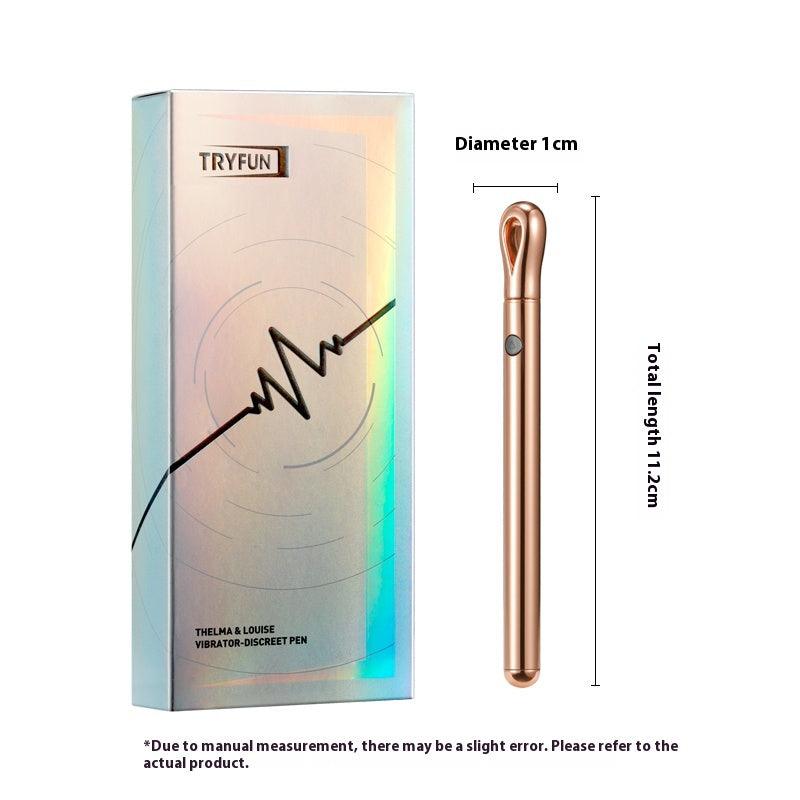 Rose gold vibrator, packaging, and measurements on a white background