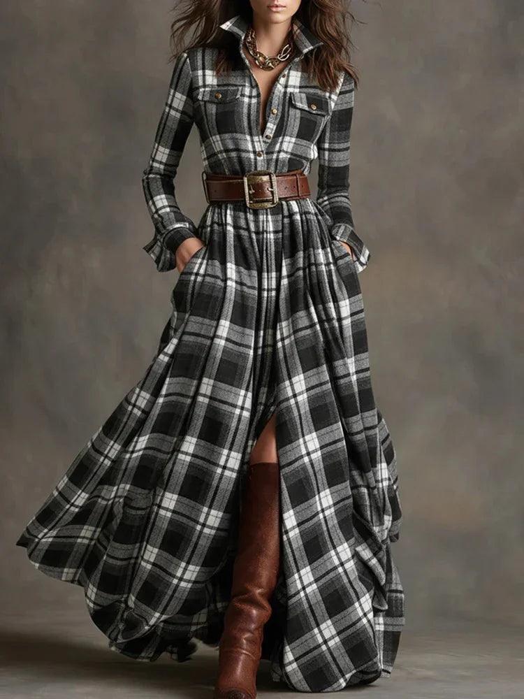 Large Size Women's Clothing French Retro Grid Slim Irregular Dress EX-STOCK Canada