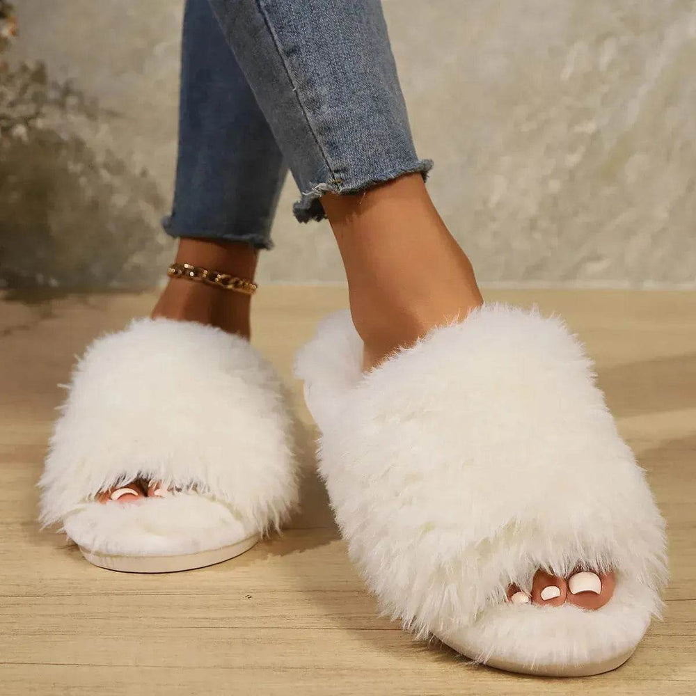 Fashion Open-toed Plush Slippers Winter Warm Indoor Bedroom Floor Soft Fluffy Slipper For Couple Solid Color House Shoes Women - EX-STOCK Canada