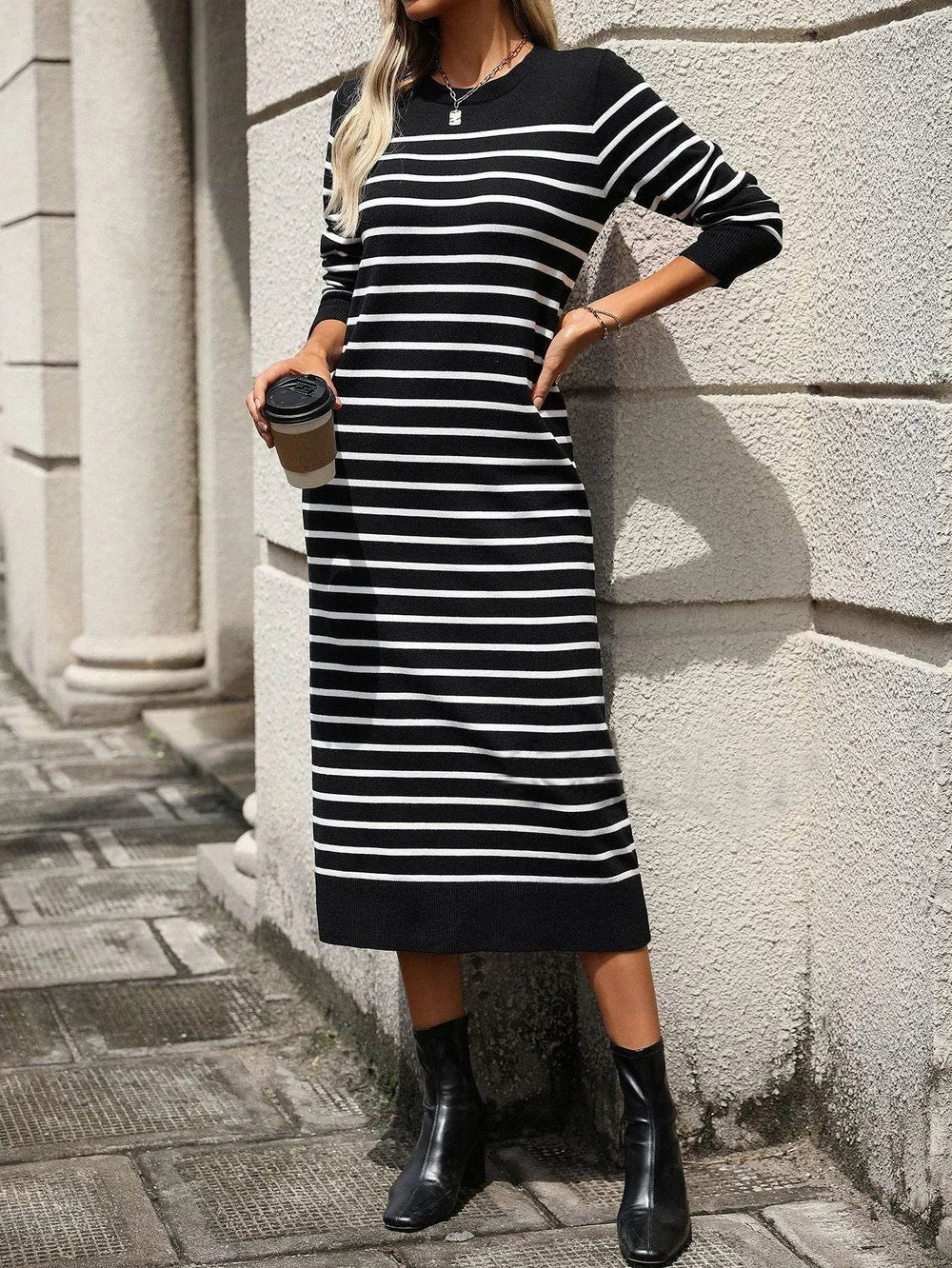Slim Striped Printed Long Cashmere Dress Autumn And Winter Long Sleeve Dresses For Women - EX-STOCK Canada