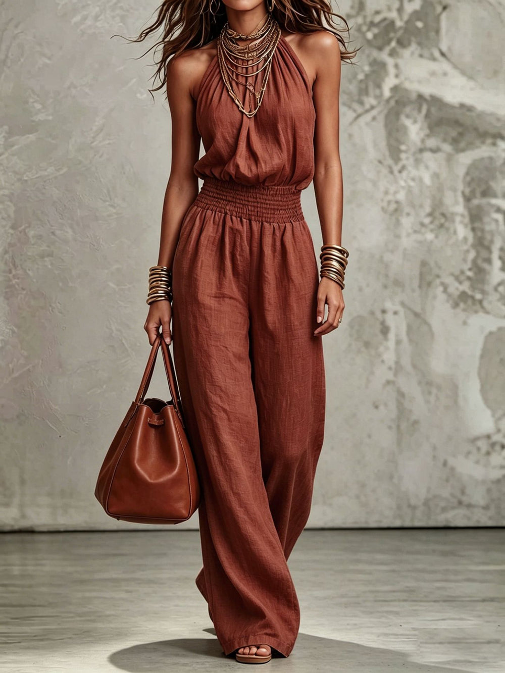 Woman wearing a rust-colored jumpsuit holding a matching handbag against a neutral background