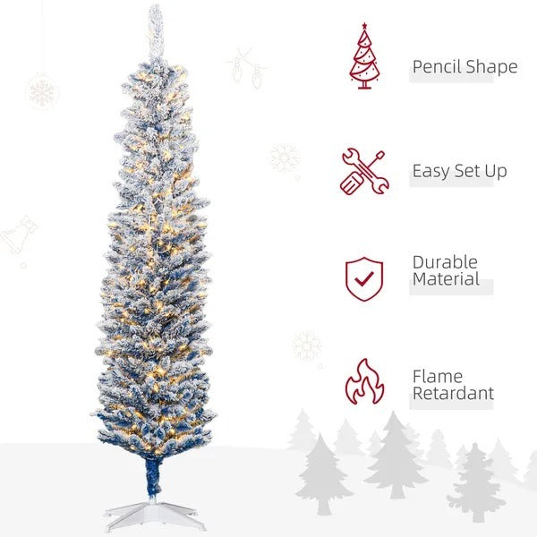 6' Flocked Christmas Trees, Pencil Prelit Artificial Christmas Tree With Snow Branches, Blue EX-STOCK Canada