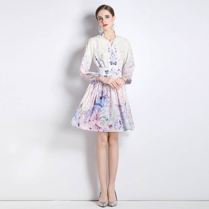 Elegant V-neck Vintage Floral Print Long Sleeves Dress Spring - EX-STOCK Canada