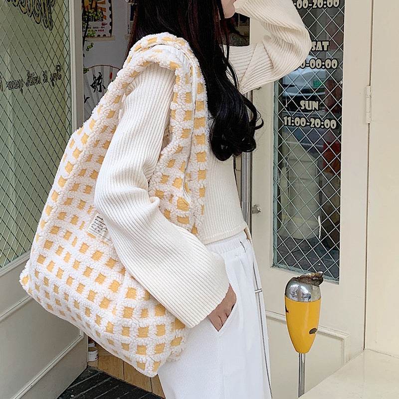 Waffle Flannel Bag Tote Bag Large Capacity Commute Minimalist Student Class Bag - EX-STOCK CANADA