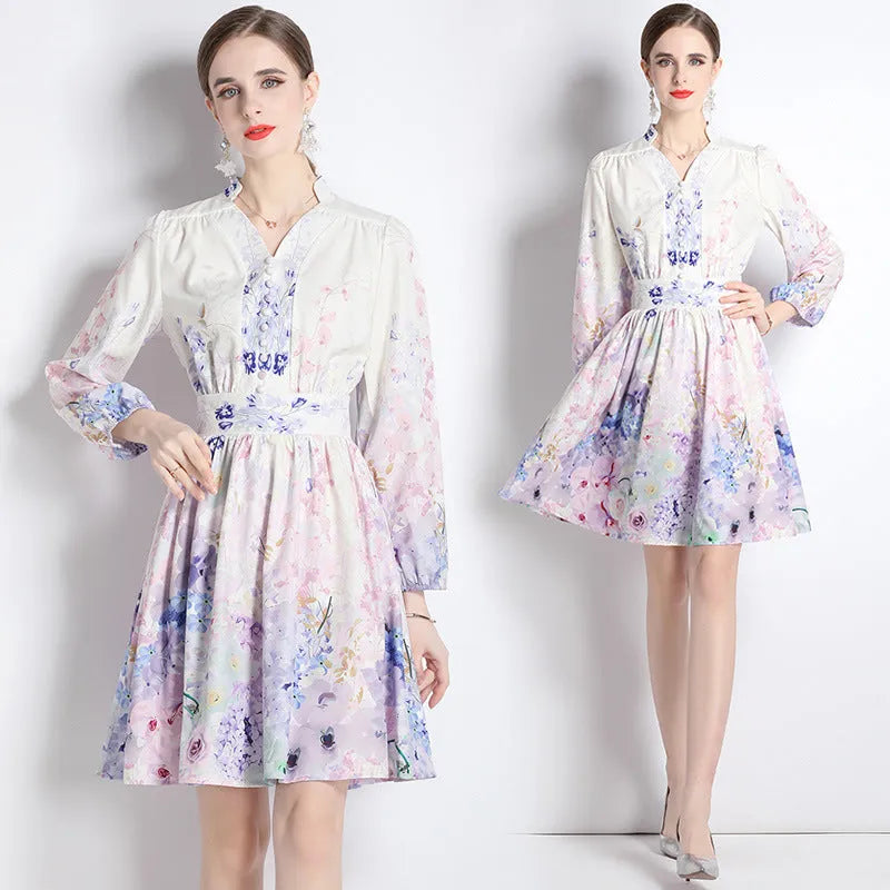 Elegant V-neck Vintage Floral Print Long Sleeves Dress Spring - EX-STOCK CANADA