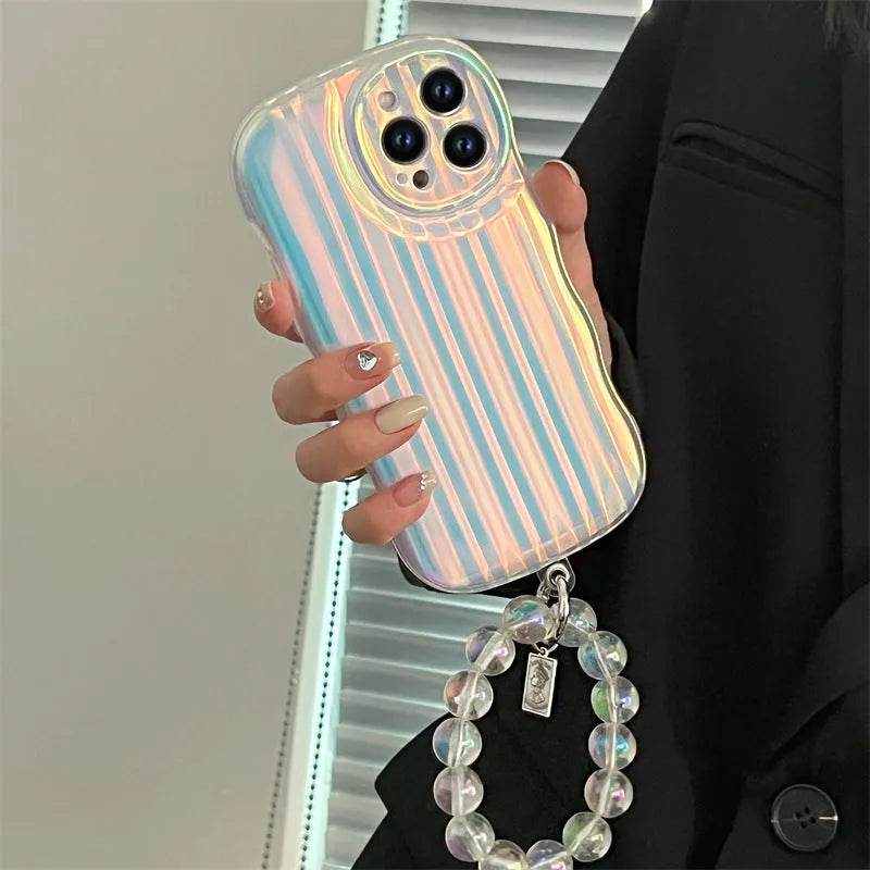 Laser Wave Silicone Phone Case Gradient Laser Stripes Bracelet Case For IPhone 14 13 12 11 Pro Max Plus Bead Chain - EX-STOCK Canada