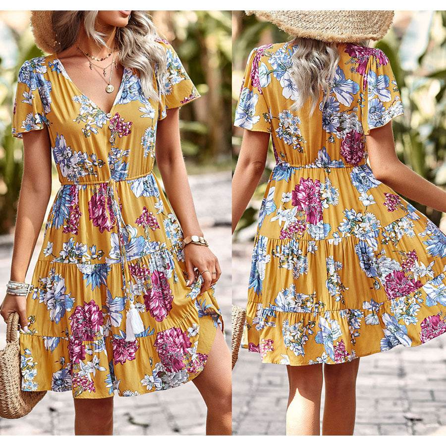 Women Casual floral summer dress Printed V-neck short sleeve Mini Dress - EX-STOCK Canada