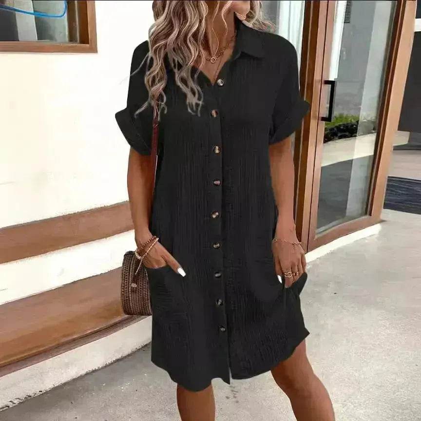 Womens Button Down Shirt Dress Summer Cotton Linen Dress V-Neck Mini Dress Casual Short Sleeve Loose Tunic Dresses - EX-STOCK Canada