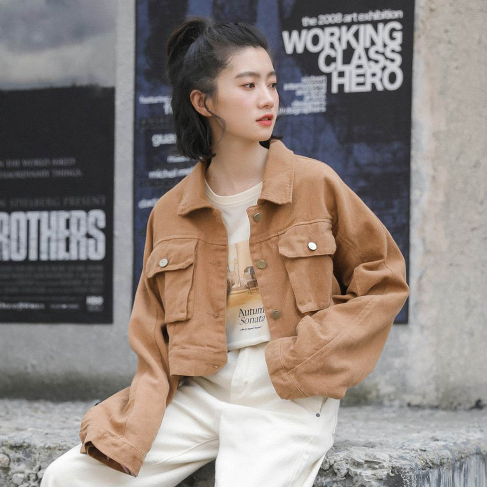 Single Breasted Long Sleeve Cargo Crop Denim Jacket Women - EX-STOCK Canada
