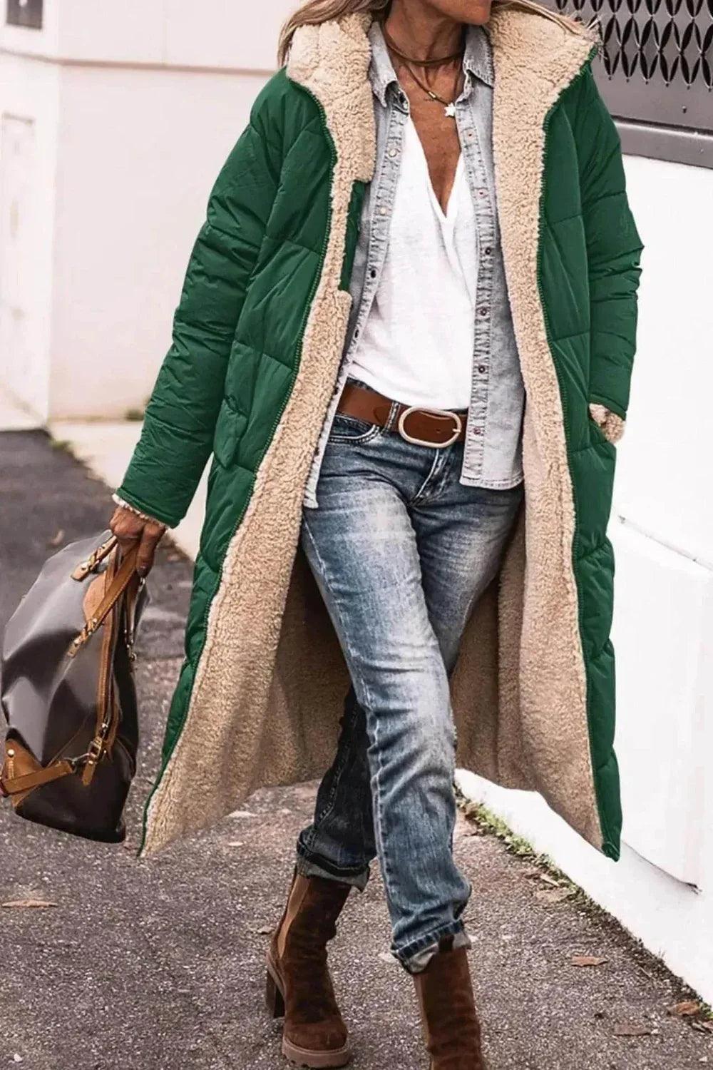 Classy Fleece lined Long Hooded Puffer Winter coat workwear for women - EX-STOCK CANADA