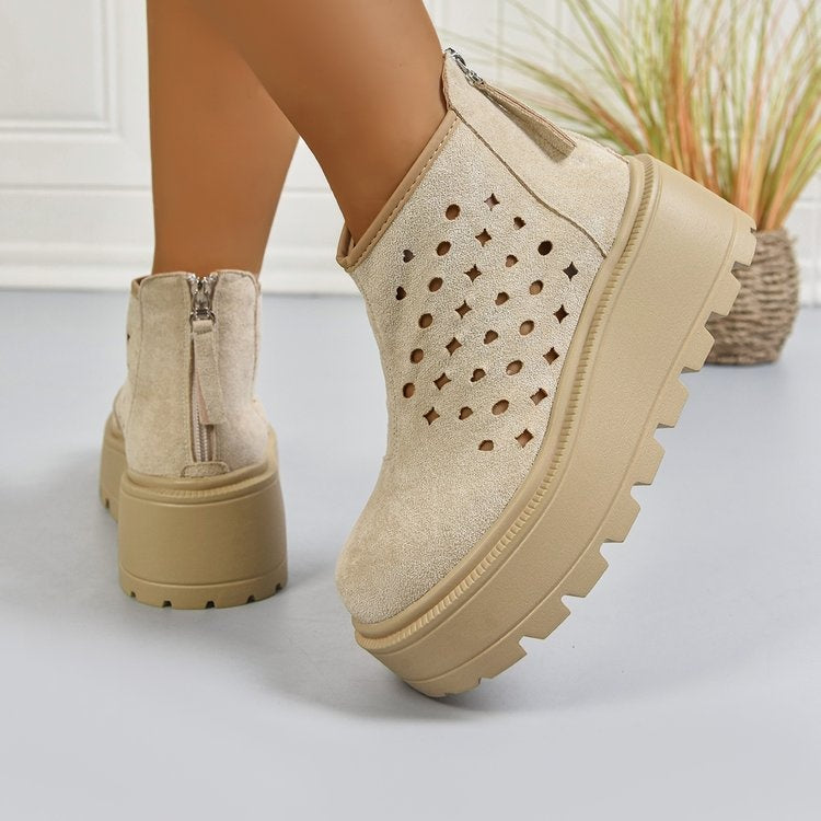 Women's Perforated Platform Ankle Boots, Back Zipper Breathable Wedge Booties, Casual Chunky Sole Cutout Boots