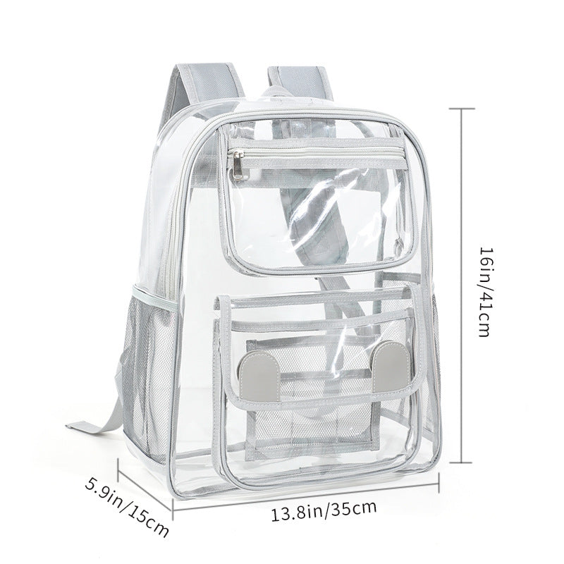Clear backpack with measurements on a white background