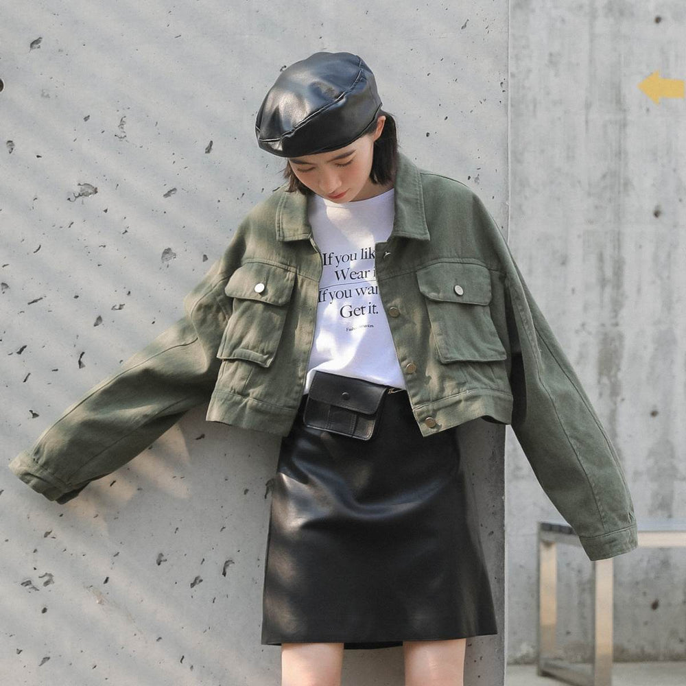 Single Breasted Long Sleeve Cargo Crop Denim Jacket Women - EX-STOCK Canada