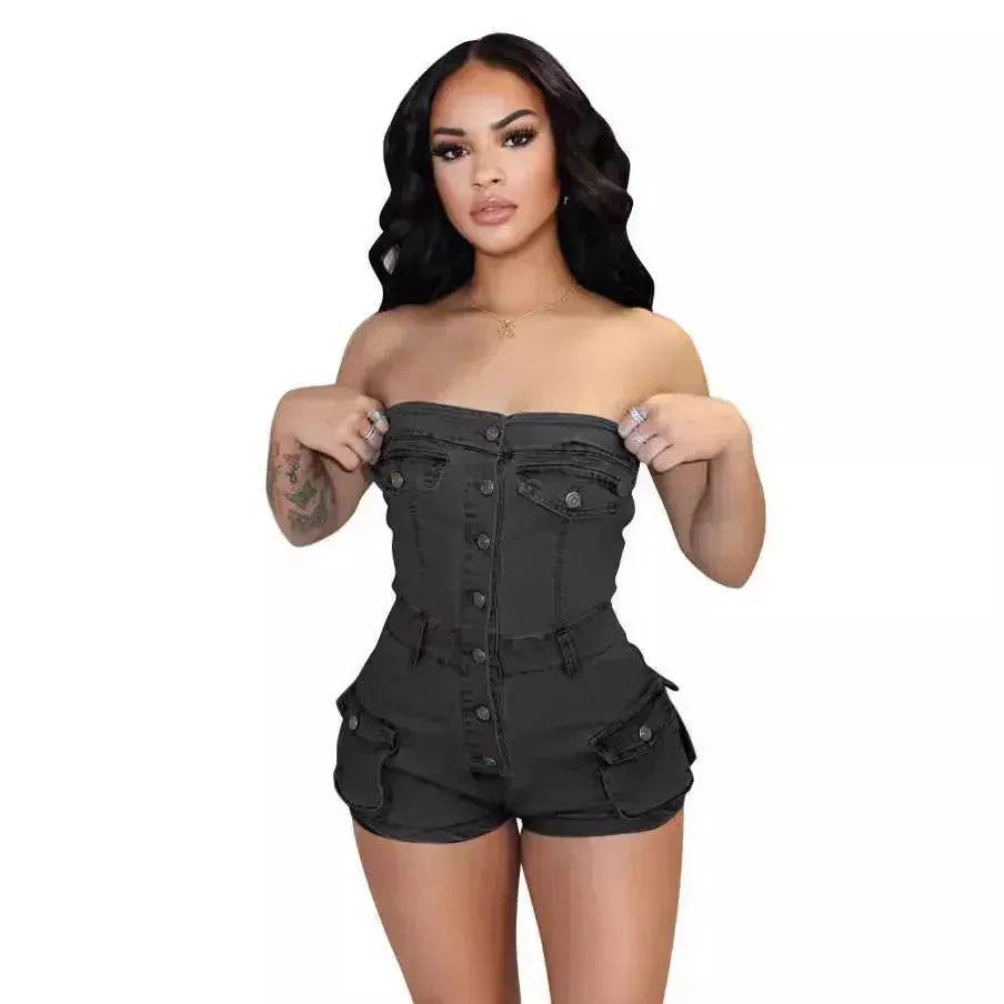 Strapless denim jumpsuit denim tube top jumpsuit Denim short Jumpsuit women Denim Short Rompers jean romper shortsjean jumpsuit shorts - EX-STOCK Canada