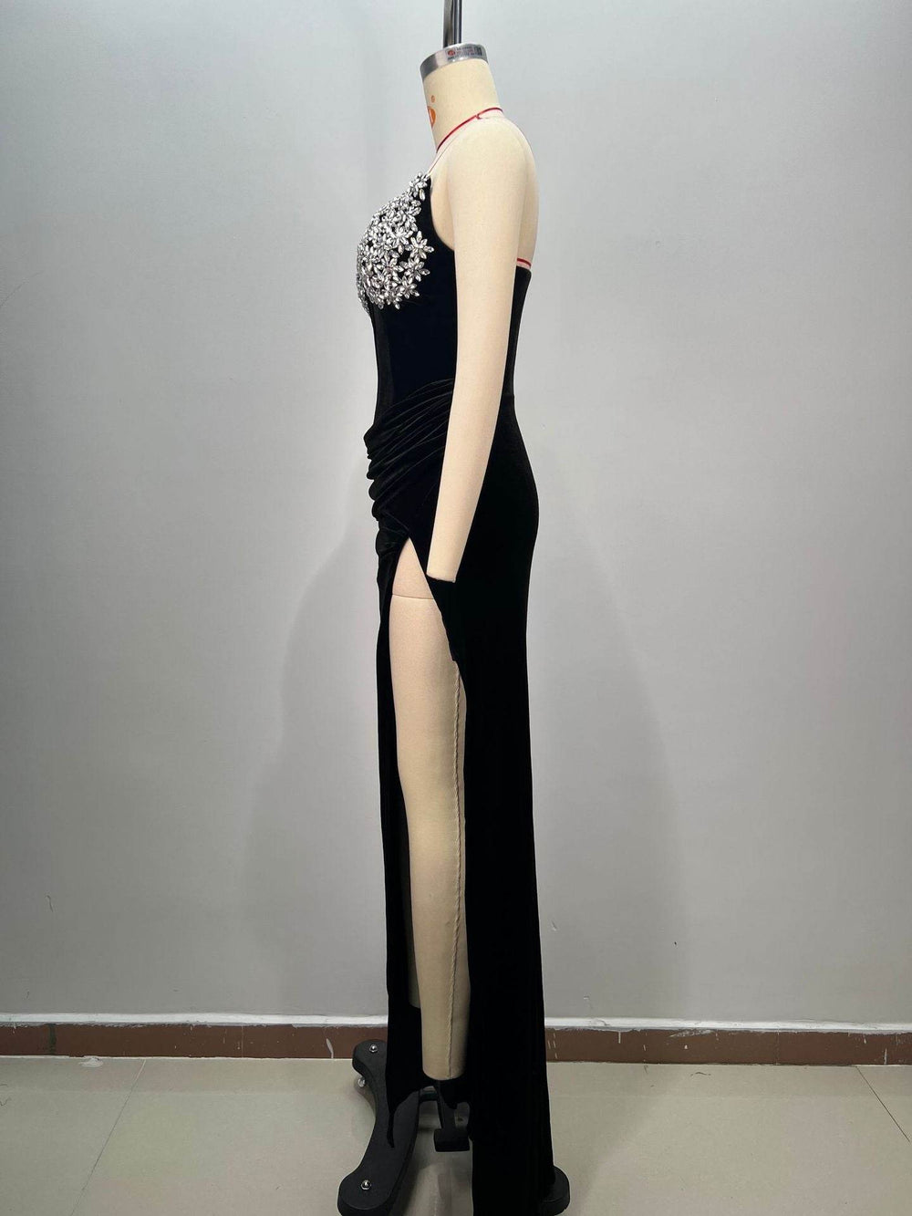 Women's Black Bandeau Slim-fit Drilling Slit Cocktail Evening Dinner Dress - EX-STOCK Canada