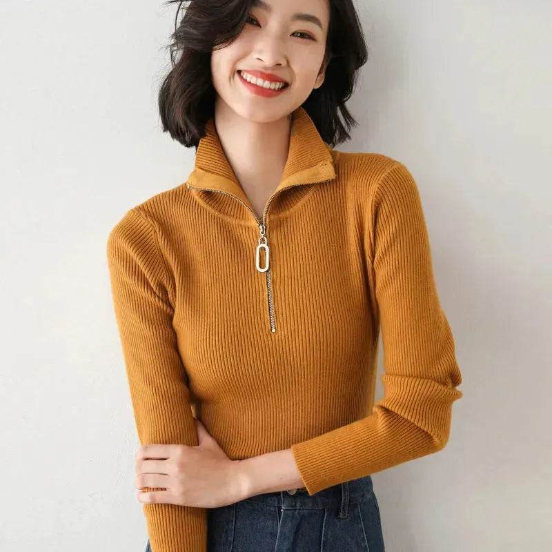 Women Autumn Winter Slim Fit High neck Half zip Knitted sweater Top - EX-STOCK Canada