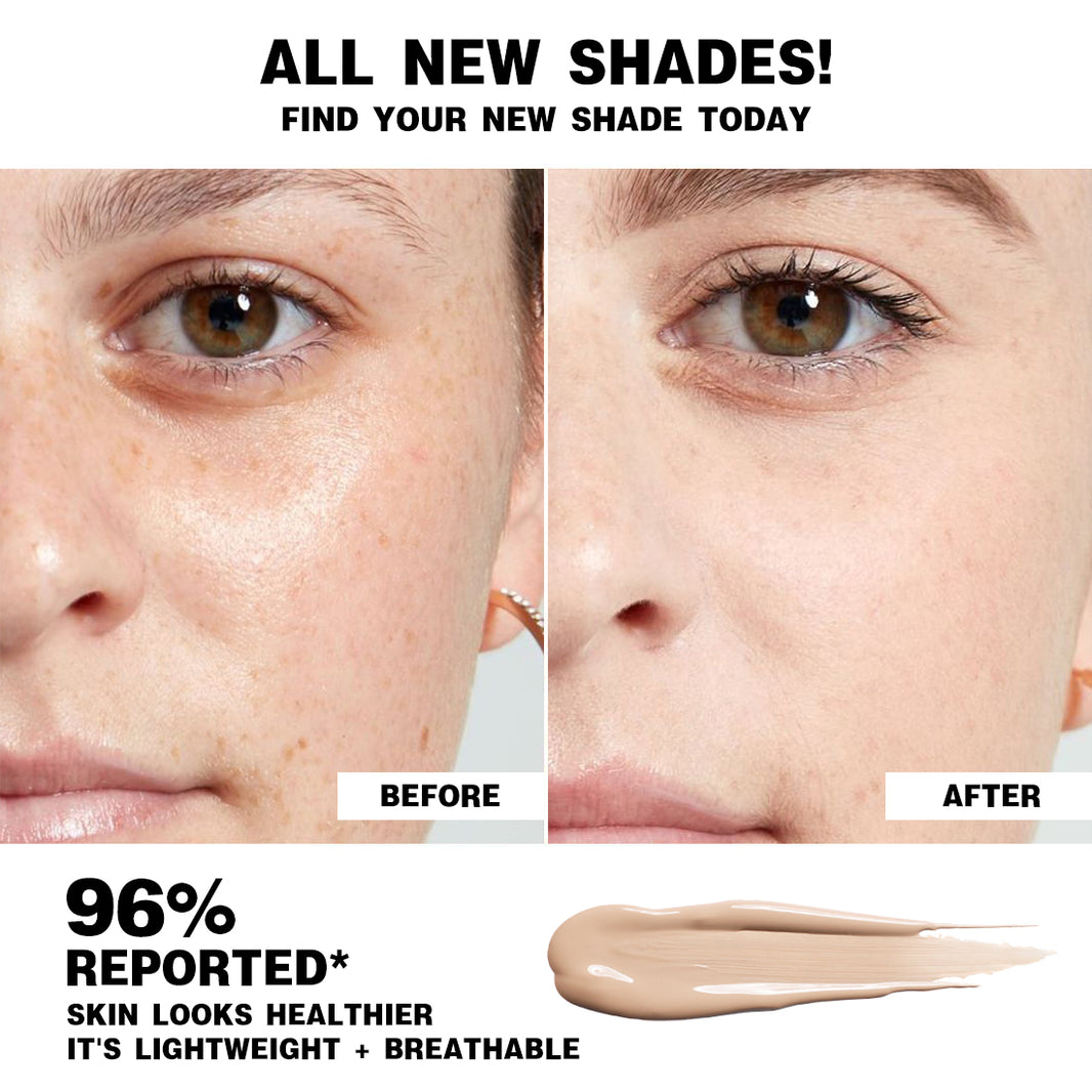 Before and after comparison of skin with a new shade application, featuring text about reported skin health benefits.