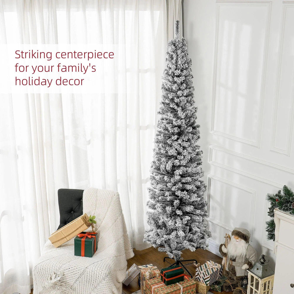 7.5ft Flocked Christmas Tree, Pencil Christmas Tree With Realistic Branch Tips, Folding Metal Stand, Black EX-STOCK Canada
