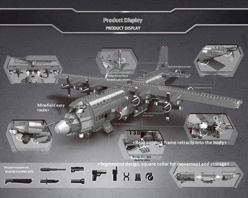 An exploded product display diagram of a gray military-style toy aircraft set on a dark gray background, with labeled inset views showing parts such as the landing gear, engine, weapons, and support frame retraction.