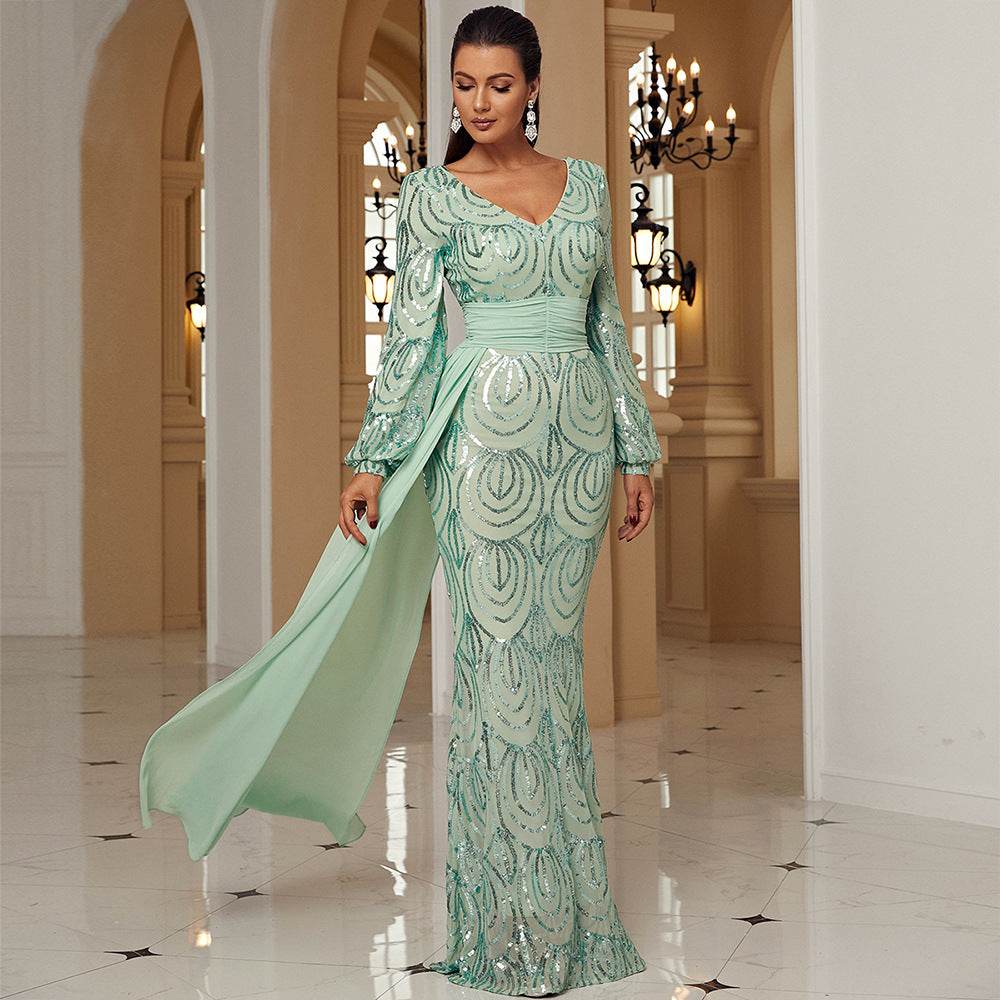 Long Sleeve Sexy Long Sequined V-neck Banquet Ribbon Evening Dress - EX-STOCK Canada