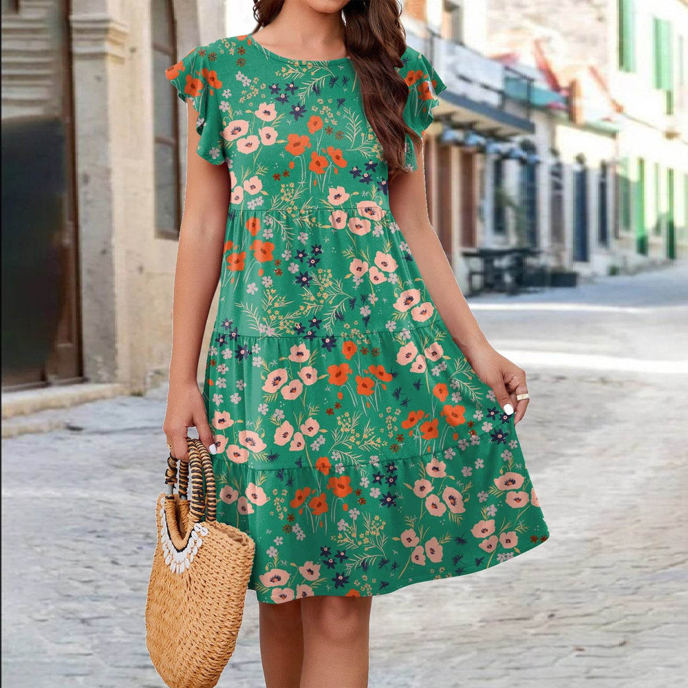 Ruffle Sleeve Dress Summer Loose Flower Print Beach Dresses Sweet Skirt Women - EX-STOCK Canada