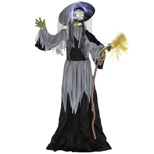 Animatronics Standing Witch, Voice-Activated Prop, Spinning Head & Flashing Eyes, Easy Setup Indoor, Black EX-STOCK Canada