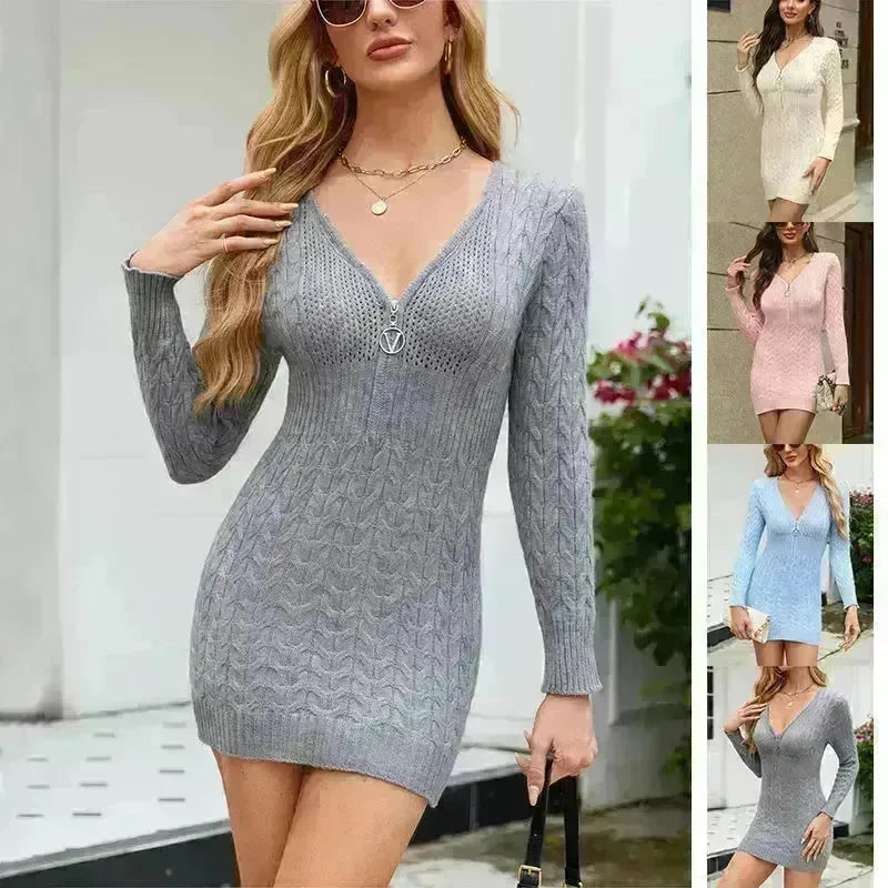 Bodycon V-Neck Long Sleeve Winter Knit Dress Ins Fashion Solid Color Casual Mini Dress Women's - EX-STOCK CANADA