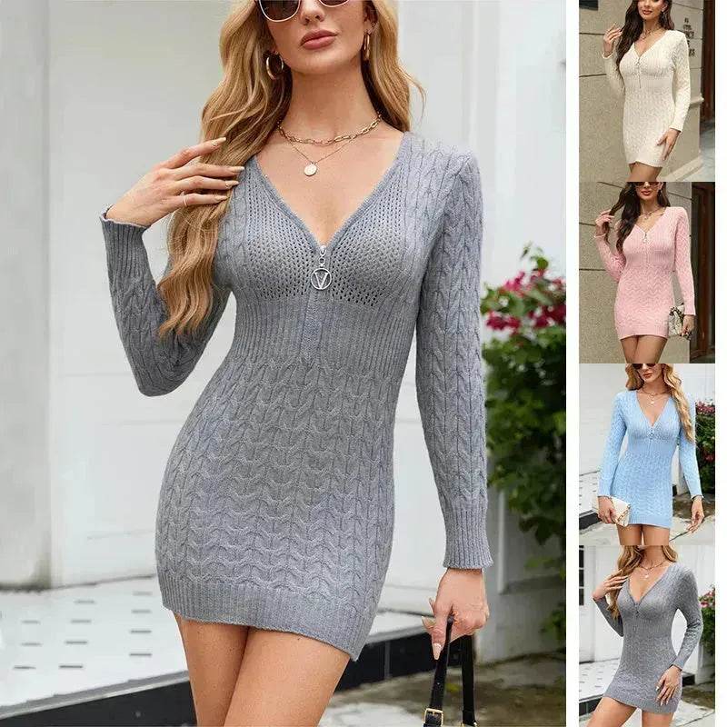 Bodycon V-Neck Long Sleeve Winter Knit Dress Ins Fashion Solid Color Casual Mini Dress Women's - EX-STOCK Canada