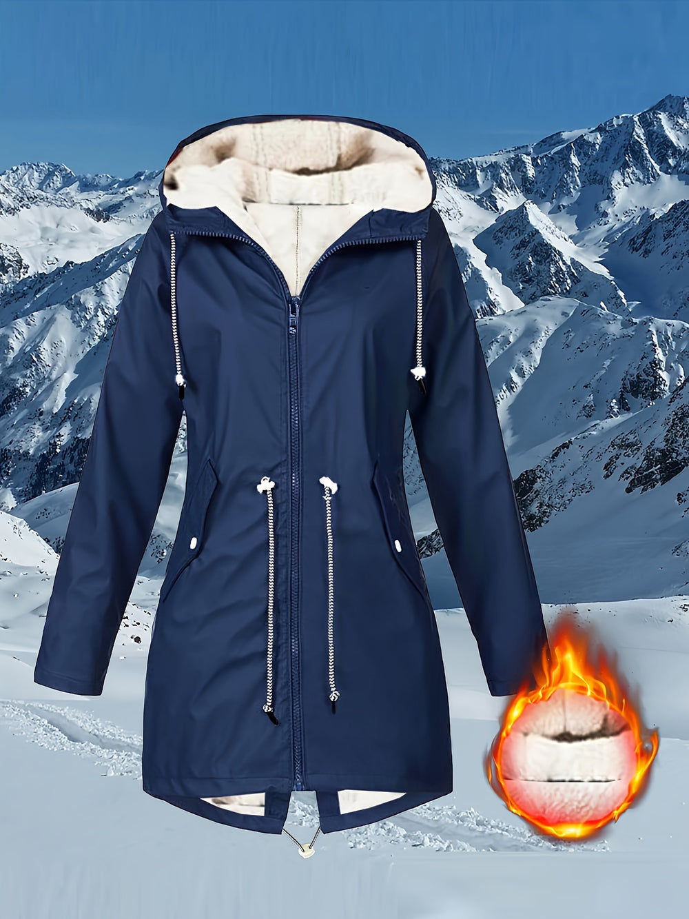 Navy blue winter jacket with fur-lined hood on a snowy mountain background