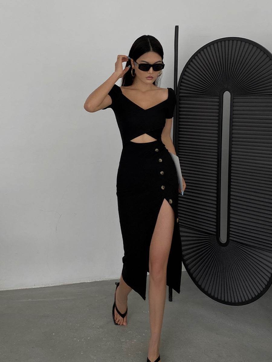 Slim And Hollow Niche Design High Slit Bag Hip Midi dress - EX-STOCK Canada