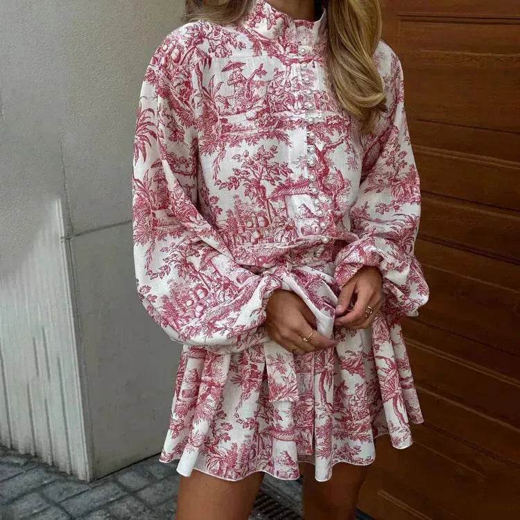 Ink Print Long Sleeve Floral Short Mini Skater Dress With Fashion Puffy Sleeve Lapel Tie A-Line Dress Clothing - EX-STOCK Canada