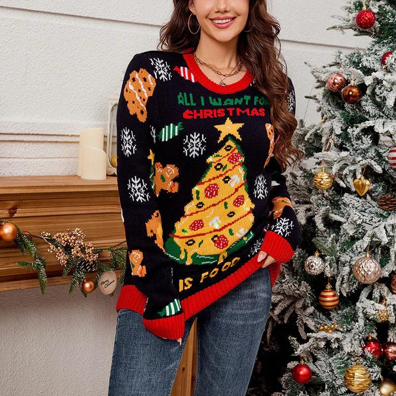 Pull décontracté et ample pour femmes européennes et américaines, style paresseux, jacquard contrasté en forme d'arbre de NoëlEX-STOCK Canada