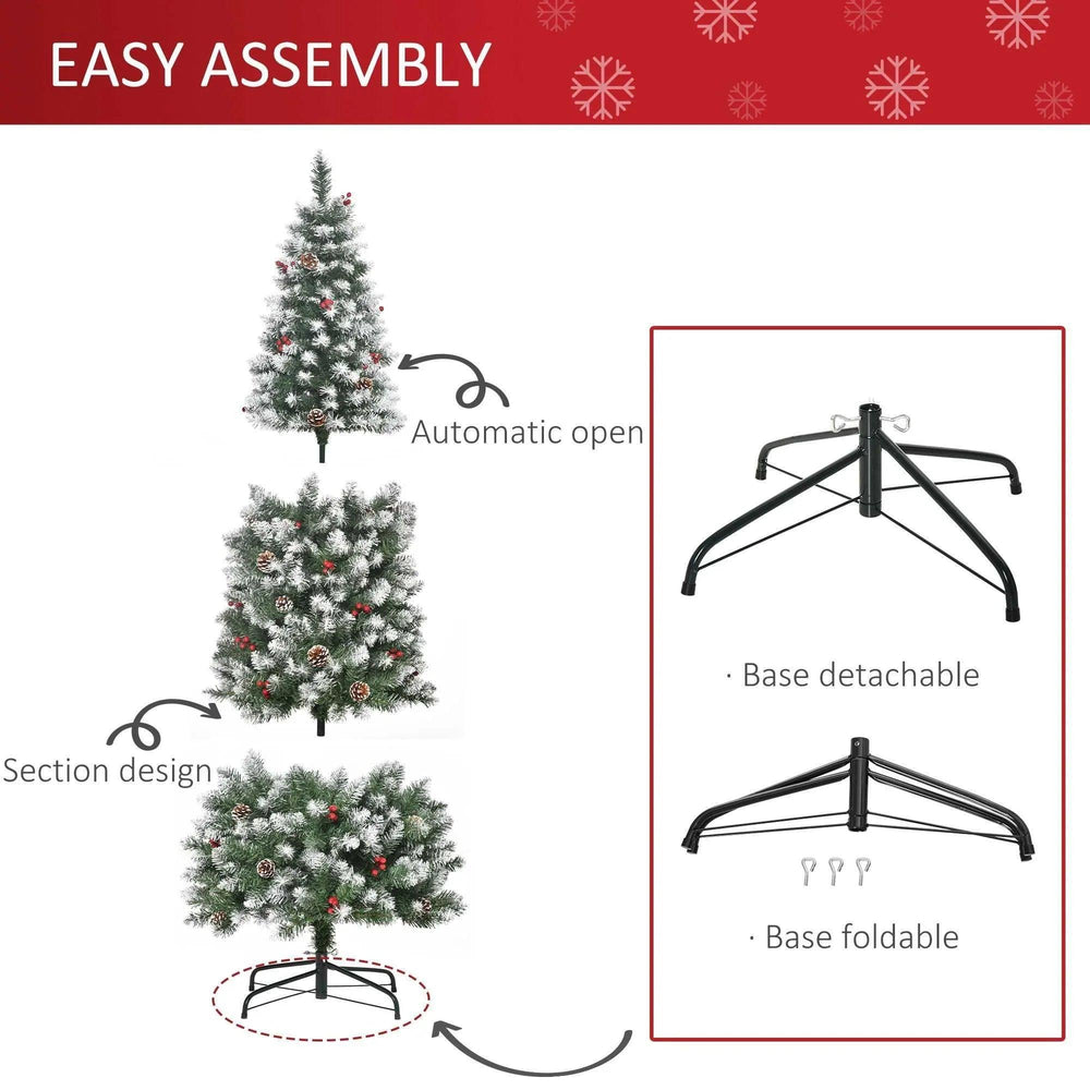 6ft Decorated Christmas Tree With Red Berries And Pine Cones, Flocked Christmas Tree With Pencil Shape, Green EX-STOCK Canada