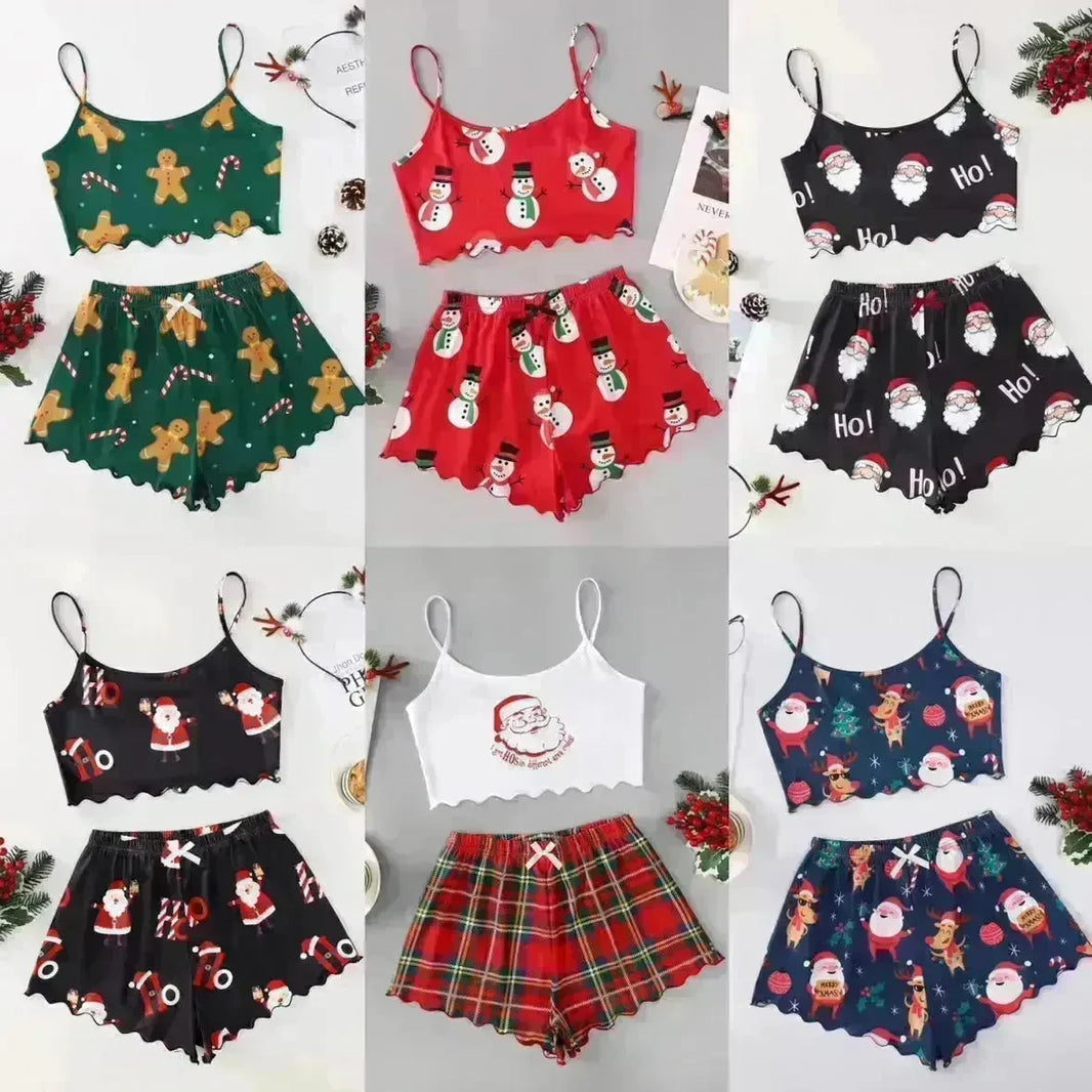 Christmas European And American Thin Pajamas Women's Sleeveless Shorts Milk Silk Simple Casual Two-piece Suit Homewear - EX-STOCK CANADA