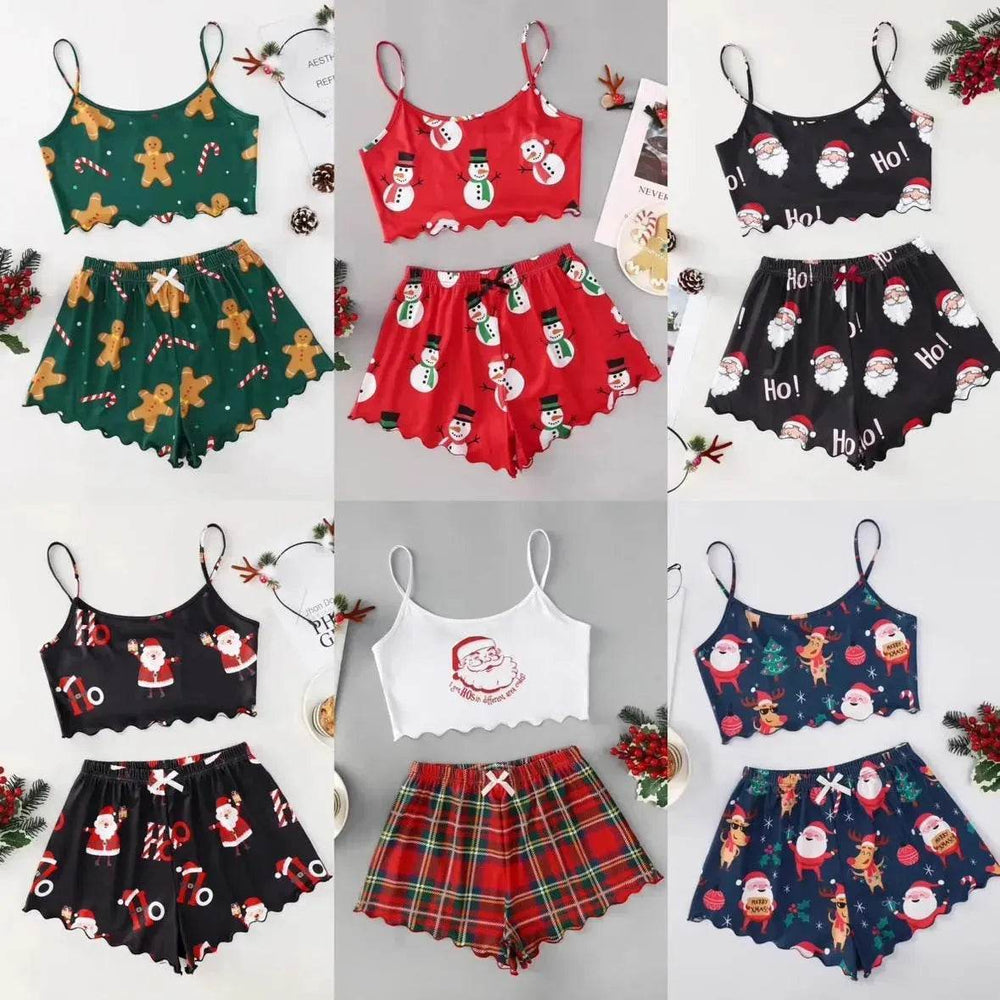 Christmas European And American Thin Pajamas Women's Sleeveless Shorts Milk Silk Simple Casual Two-piece Suit Homewear - EX-STOCK Canada