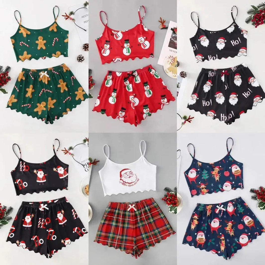 Christmas European And American Thin Pajamas Women's Sleeveless Shorts Milk Silk Simple Casual Two-piece Suit Homewear - EX-STOCK Canada