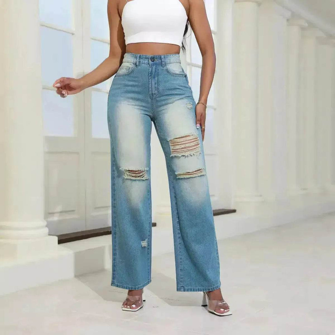 Fashion High Waist Ripped Jeans pants With Pockets Comfortable Slim Fit Denim Trousers Straight Wide-leg jeans Pants - EX-STOCK Canada