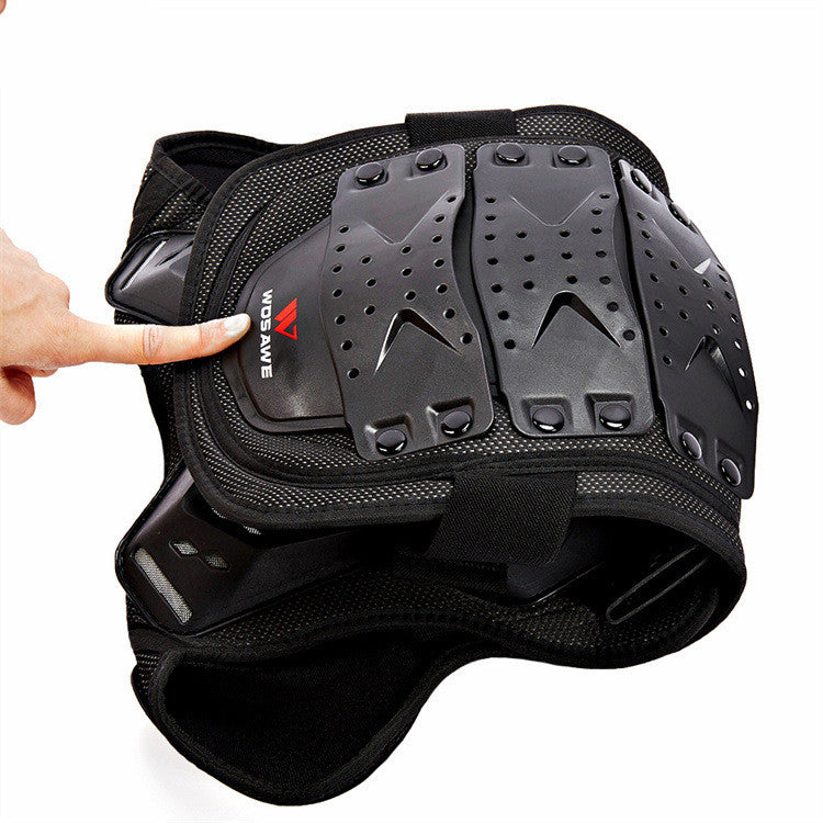 Black protective back pad with a brand logo on a white background
