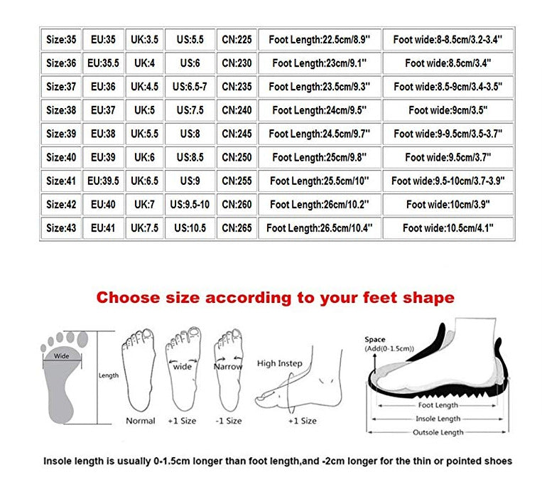 Shoe size chart with measurements for foot length, width, and heel height, along with illustrations of foot shapes.
