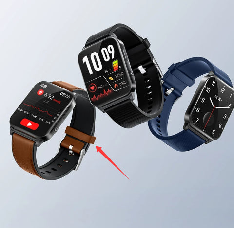 Three smartwatches floating on a light gray background: one with a brown leather strap, one black with a black strap, and one navy with a blue strap. A red arrow points to the buckle area of the brown strap watch.