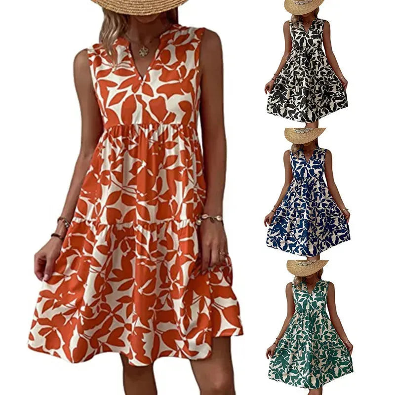 Bohemian Dresses Summer Beach Fashion Loose V-neck Pleated Print Sleeveless Dress For Women - EX-STOCK CANADA