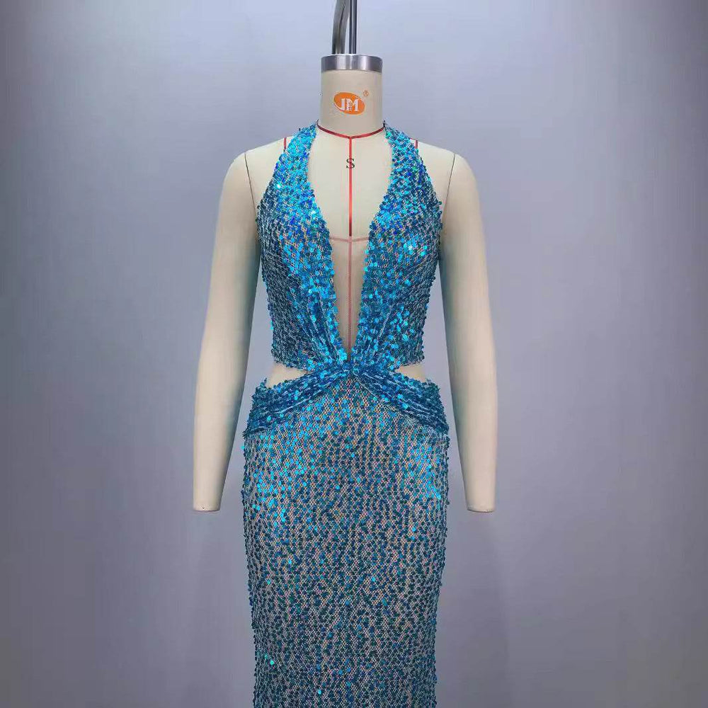 New Halter Deep V-neck Slim fit Sequined Evening Party Dress - EX-STOCK Canada