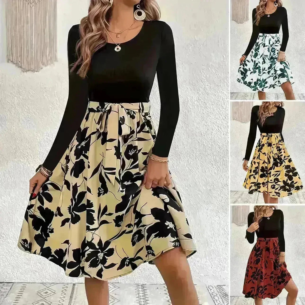 Floral Print Long Sleeve Skirt Dress Fashion Round Neck Flared Dress for Women - EX-STOCK CANADA